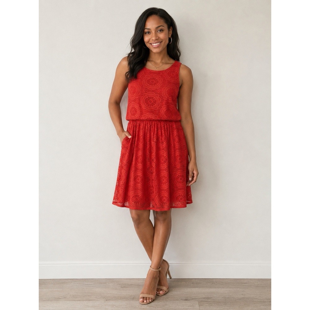 Eliza J Women's Eyelet Lace Popover Sleevless Bright Orange Dress Size 16